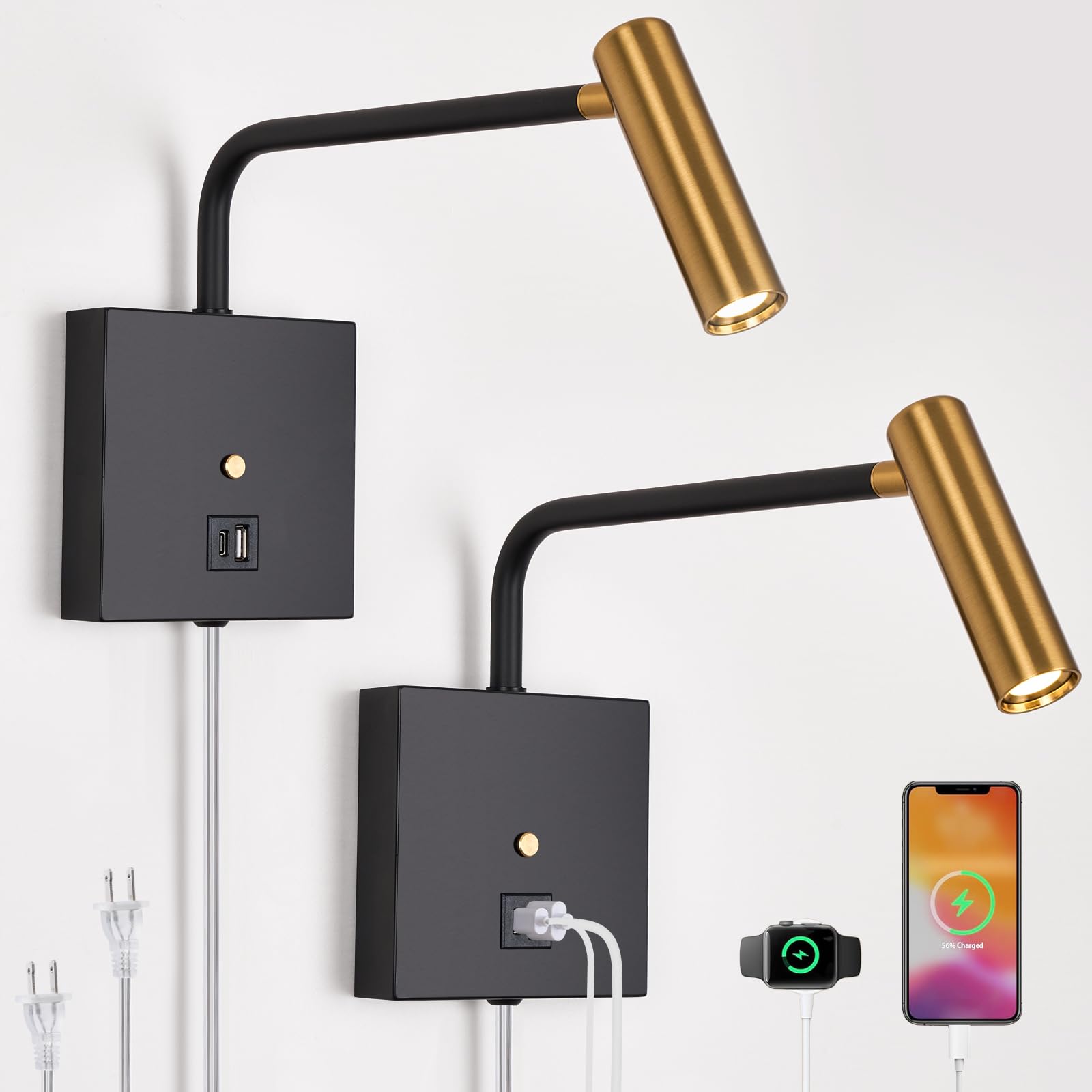 Photo 1 of ZEROUNO LED Wall Lamp Wall Mounted Reading Lights, Dimmable Adjustable Headboard Plug in Wall Sconce with USB C+A Ports, Indoor LED Wall Lighting for Bedroom Bedside 3000K 2 Pack