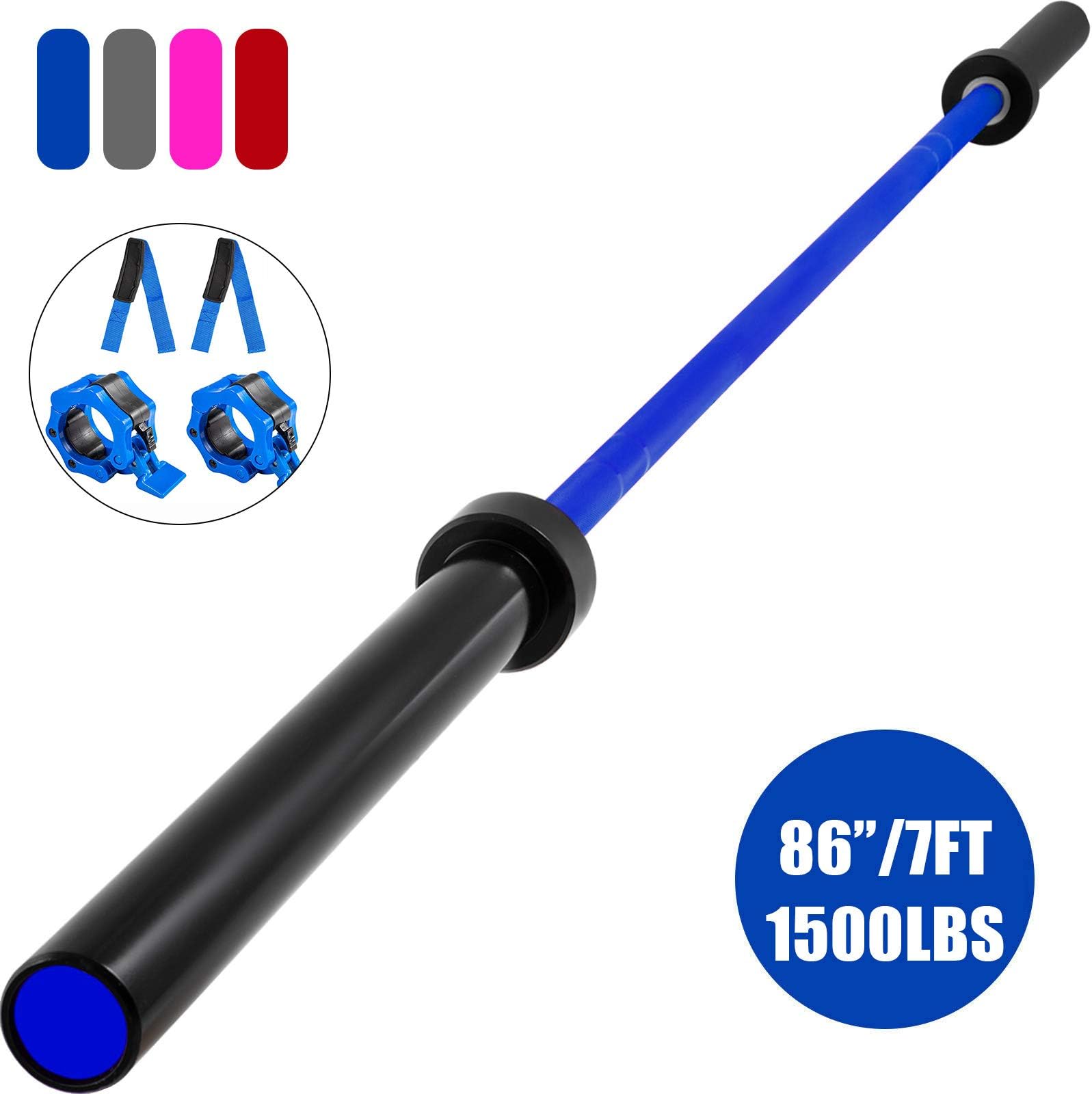 LOVSHARE Olympic Straight Bar 7ft 1500 lb Barbell Bar 200KPS Barbell Olympic Bar Olympic Barbell with Barbell Clamps for Workout Gym Home Weightlifting Powerlifting Strength Training Blue