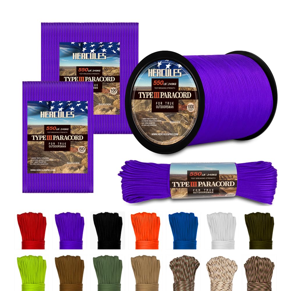 HERCULES 550 Paracord 4mm Type III 7 Strands Parachute Cord, 50' Purple Utility Rope for Crafting, DIY, Camping, Survival, Outdoor