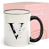 Monogram Ceramic Coffee Mugs, 11 oz Initial Drinking Cup with Gift Box, Unique Birthday Valentines Day Gifts for Women Wife Mothers Day Grandma Mom Aunt, V