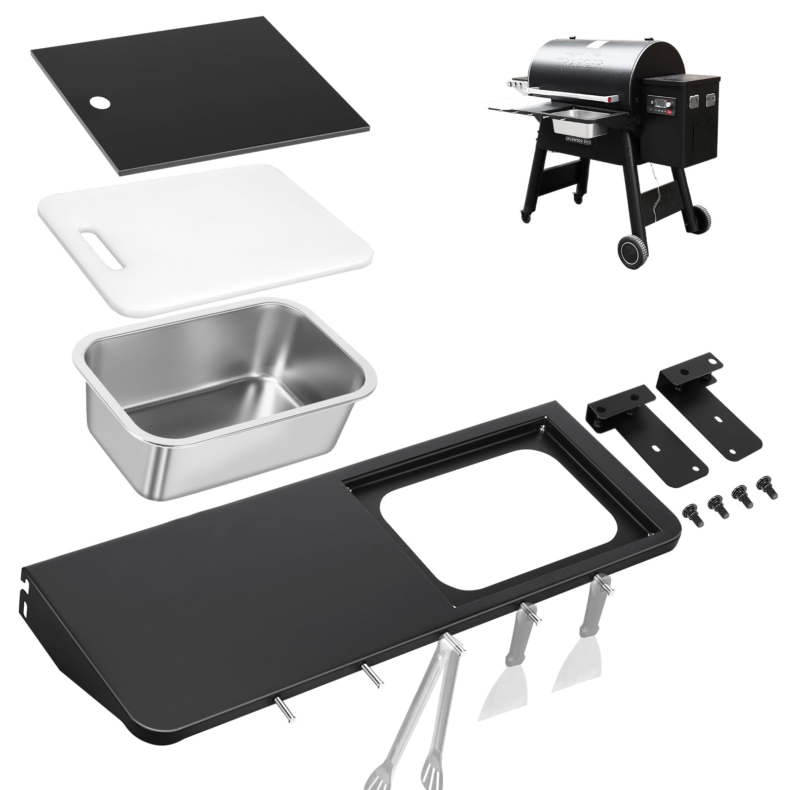 QuliMetal Folding Front Shelf for Traeger Pro 780 and Ironwood 885, Heavy-Duty Grill Prep Table with Cutting Board, Stainless Steel Basin, Lid and 5 Hooks, 32.5" x 11.5" Pellet Grill Shelf Accessory Image
