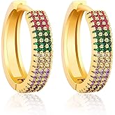 Savlano 14K Gold Plated Cubic Zirconia Multicolor Rainbow Huggie Hoop Round Earrings For Women Comes with Gift Box