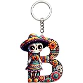 Uniland Alphabet Initial Letter Keychains | 2D Flat Acrylic Keychain,Mexican Día de los Muertos tradition Themed Bag Charm, UV Printing,Gift Giving, emotional support