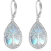 KZX Tree of Life Earrings for Women 925 Sterling Silver Tree of Life Dangle Earrings Moonstone Teardrop Dangles Leverback Earrings Jewelry Gift for Wife Mom Birthday Anniversary Christmas