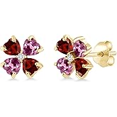 Gem Stone King 18K Yellow Gold Plated Silver Red Garnet Pink Tourmaline and White Lab Grown Diamond Earrings For Women | 2.27 Cttw | Gemstone January Birthstone | Heart Shape 4MM