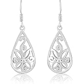 Earrings for Woman Sterling Silver Plating Floral Design Filigree Teardrop Dangle Earrings, Vintage Style