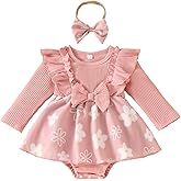 Thorn Tree Newborn Baby Girls Floral Romper Dresses Ruffle Knitted Long Sleeve Bow Infront Jumpsuit Headband Fall Outfits