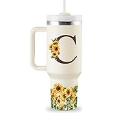 Monogrammed 40 oz Tumbler with Handle & Straw - Personalized Gifts for Mom, Wife, Sister, Friend, Coworkers - Initial Sunflower Cup