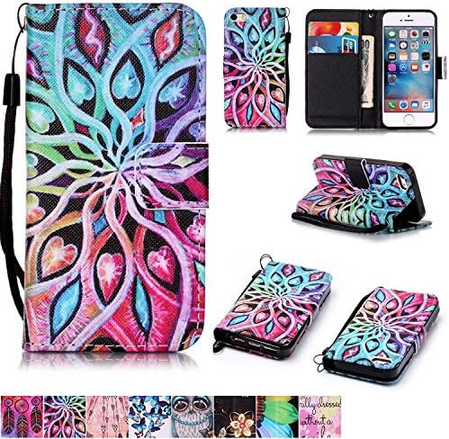 iPhone 5/5S/SE Case,Firefish [Kickstand Feature][Drop Proof] Durable Leather Folio Style Wallet Case with Anti-scratch Protective Cover for Apple iPhone 5/5S/SE-Spread Flower