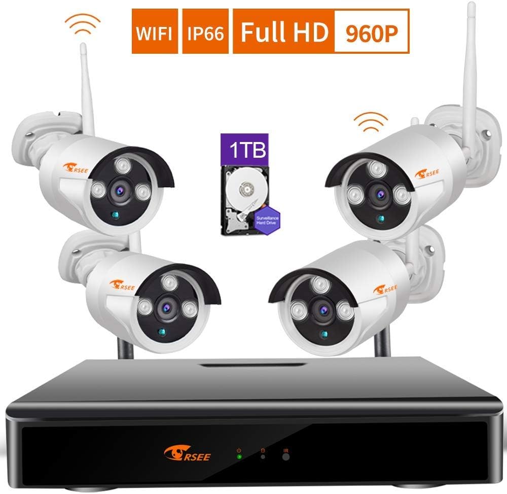 [One Key Network] CORSEE Wireless Security Camera System with 4 x 960P Weatherproof Night Vision Wireless Cameras,Fast View by Mobile and PC,1TB HDD.(Support Motion Detection and Email Alarm)