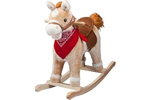 FOX VALLEY TRADERS Animated Rocking Horse – Soft Plush Ride-On Pony with Sounds, Movable Mouth & Tail – Includes Custom Bandana – 25" Wooden Base