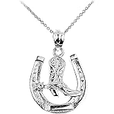 Claddagh Gold .925 Sterling Silver Lucky Horseshoe with Cowboy Boot Charm Pendant Necklace - Choice of Pendant Only or Chain Length