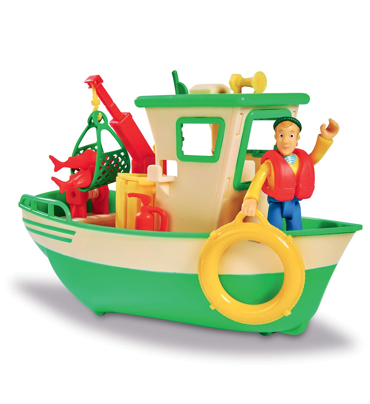 Smoby Sam Le Pompier 109251074002 - Bateau de Pêche Flottant - Grue Mobile + Treuil Mécanique - 1 Figurine Including Boat Green One Size