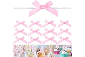 GUIFIER 100 PCS 3 Inch Pink Twist Bows for Treat Bags, Satin Twist Tie Bows, Pre Tied Bows with Wire, Ribbon Bows with Twist Ties, Bow Ties for Gift Bags, Popcorn Bags, Cookie Bags, Party Favors