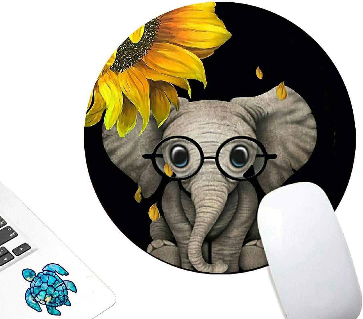 Round Gaming Mouse Pad Custom,AIRWEE Non-Slip Rubber Mouse Pads Mat for Office Computers Laptop with Blue Turtle Sticker,Sunflower and Little Elephant