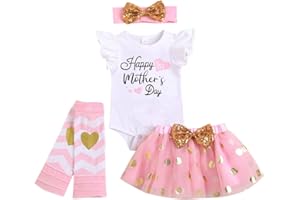 Baby Girl Happy 1st Mother's Day Clothes Outfit Gold Polka Dots Skirt & Tops Set with Headband and Leggings 4PCS Suits