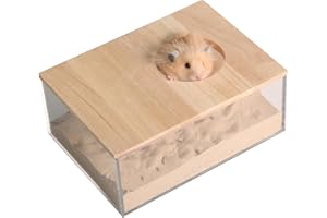 MPMLMF Hamster Sand Bath, Hamster Sand Bathing wooden cover, Transparent Acrylic Sand Bath, Small Animal's Sand Bath container&hamster accessories with Natural Wood Cover for hamsters Gerbils...(Rectangle)