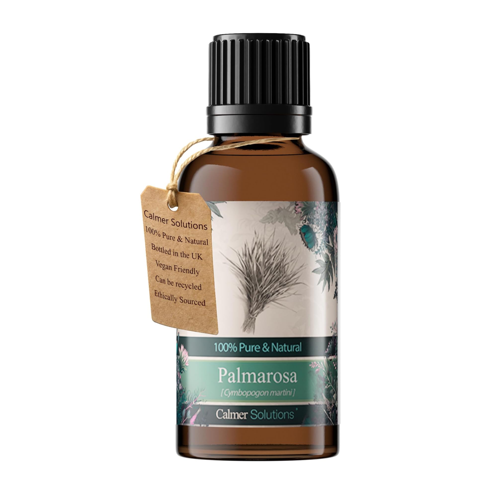 Calmer Solutions Palmarosa Essential Oil 30ml – 100% Pure & Natural – Therapeutic Grade – Aromatherapy, Massage, Diffuser – Soft, Floral, Rosy Scent – Bottled in The UK