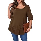 Beauhuty Womens Plus Size Tops Square Neck Tunic Double Ruffles Hem 3/4 Sleeve Shirt Casual Trendy Flow Loose Dressy Blouse
