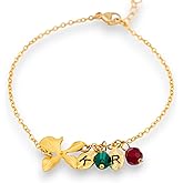 Gold or Silver Initial Orchid Bracelet with Small Leaf Charm, Pearl or Gemstone Dainty Mothers Jewelry Gift for Her
