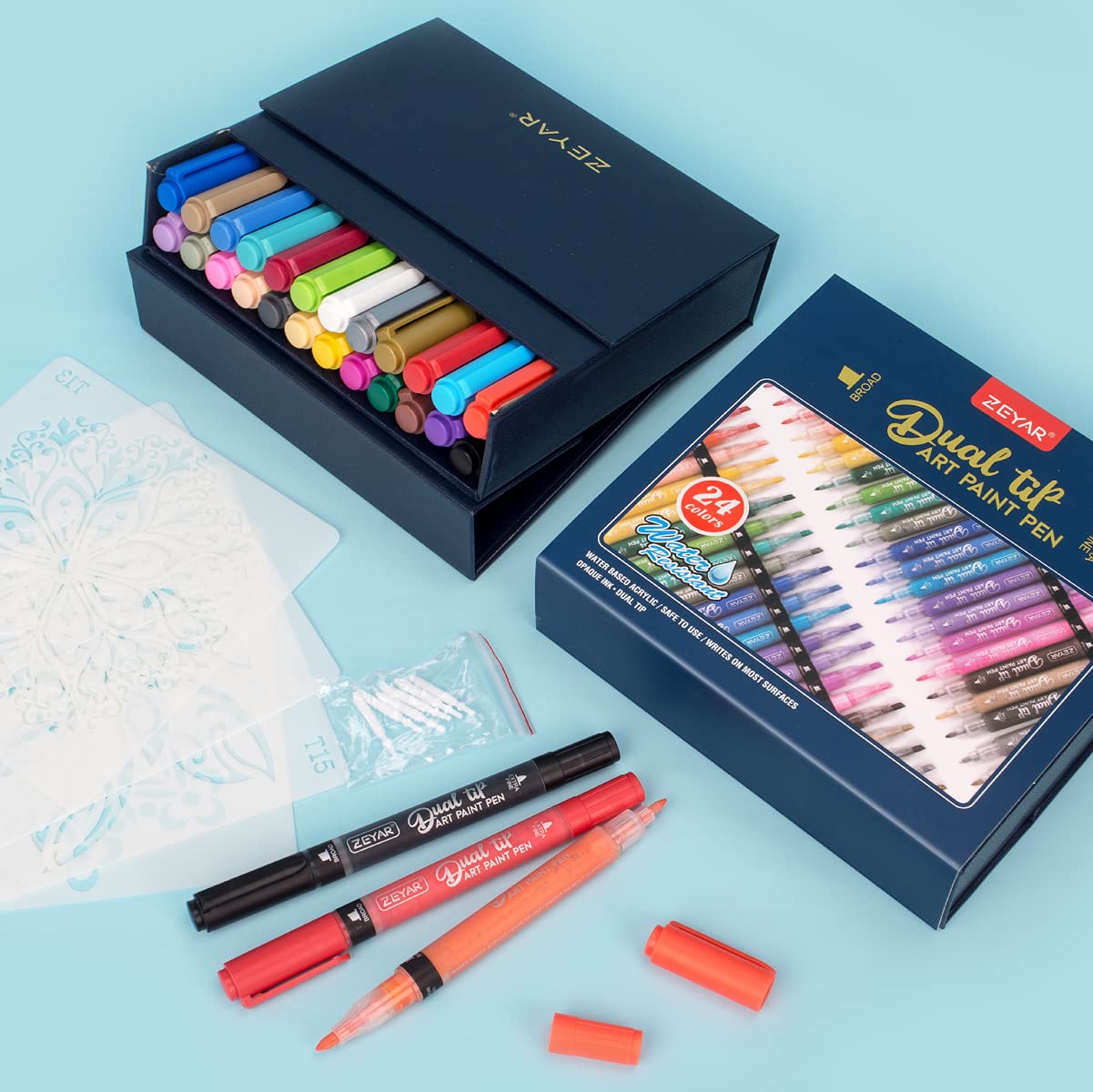 ZEYAR Dual Tip Acrylic Paint Pens 24 Colors, Board and Extra Fine Tips, Patented Product, AP Certified, Waterproof Ink, Works on Rock, Wood, Glass, Metal, Ceramic and More (24 Colors)