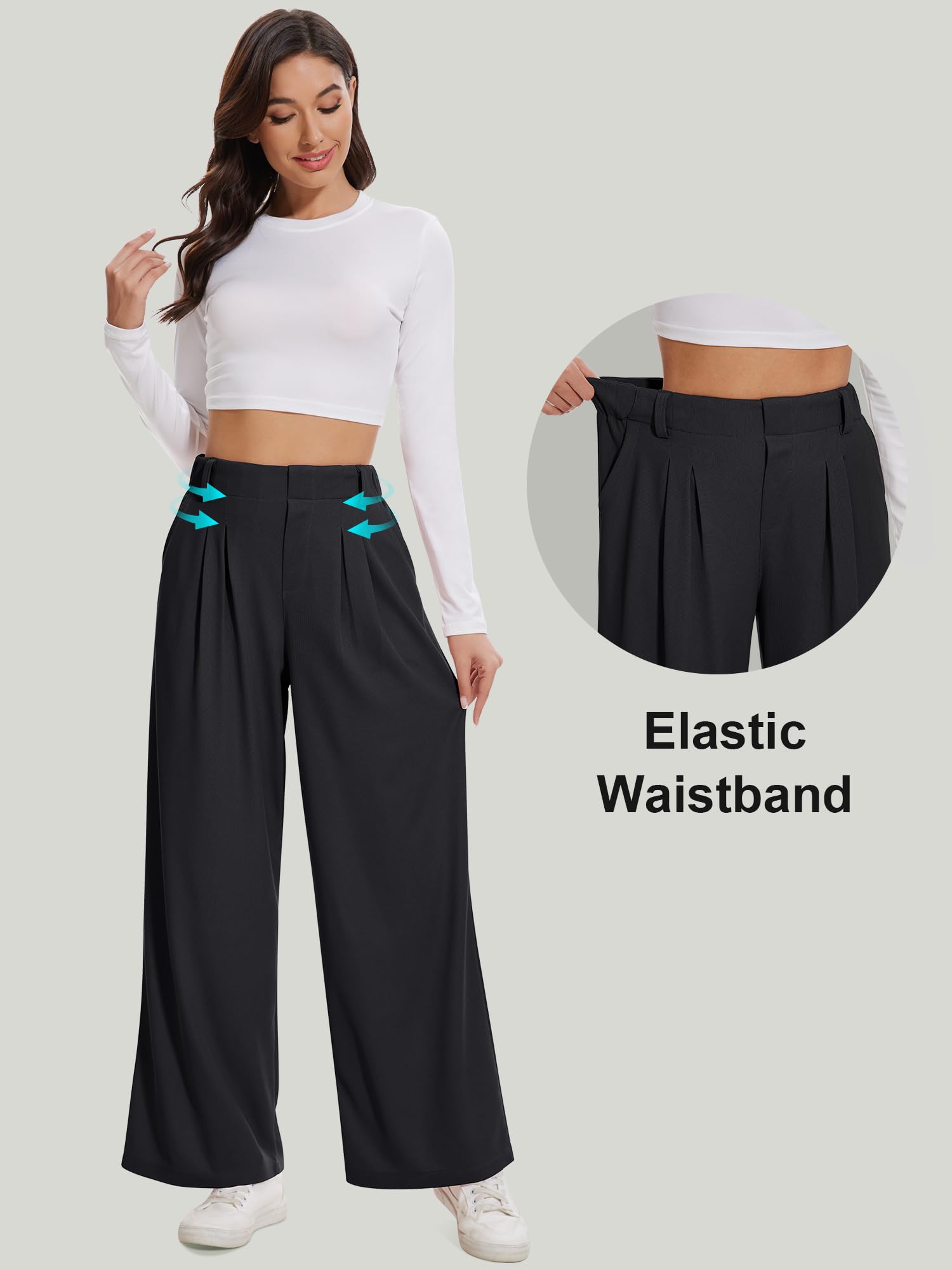 AVAMO High Waisted Stretchy Work Pants Elastic Slacks Wide Leg Business Casual Pants for Women with Pockets Black M