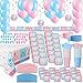 Gender Reveal Mega Party Pack for 24 - Two Size Plates + Cups + Napkins + Cutlery + Tablecloths, Balloons + Banner + Hanging Decorations + Streamers.