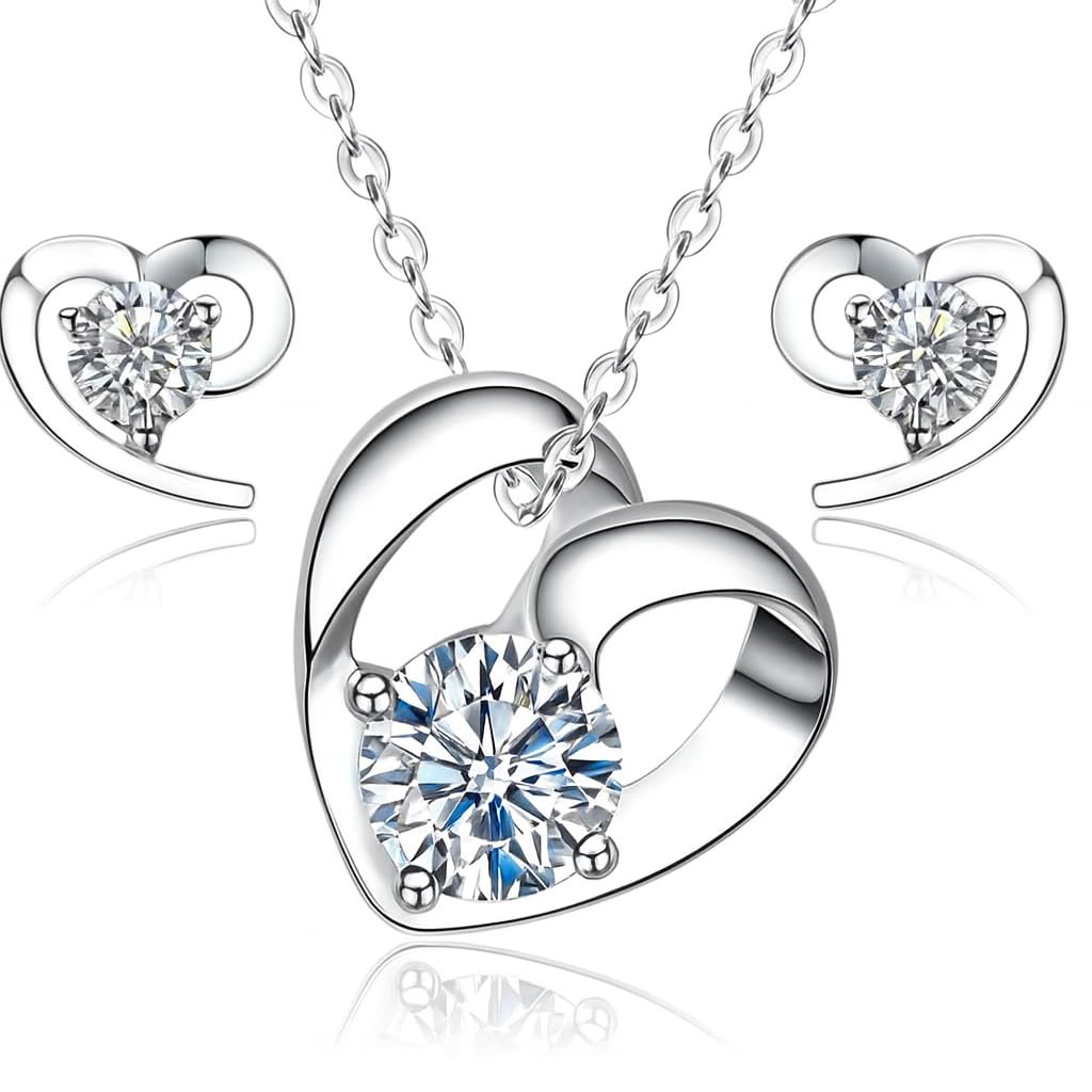 Sreema London Quality Sterling Silver Cubic Zircon Jewellery Set | Silver Necklace & Stud Earrings Gift