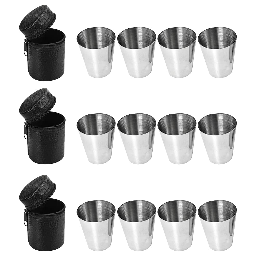 MOPOIN Hip Flask Mugs, Pack of 12 Stainless Steel Cups Shot Glasses Made of Metal Stainless Steel Cup Set Metal Cups with Leather Bag Shot Glasses, Ideal Hip Flask Accessories, Great Gift Idea