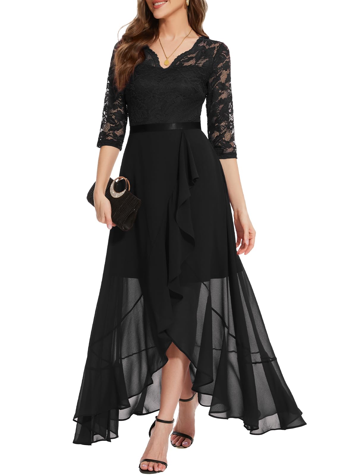 Photo 1 of Bbonlinedress Hi-Lo Flowy Long Sleeve Formal Dress V-Neck Ruffled Cocktail Party Prom Wedding Geust Dress Black 3XL