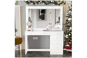 Boahaus Serena Large Makeup Vanity with Hollywood Lights Built-in, 7 Drawers, Wide Hollywood Mirror, Glam Glass Top, White Vanity Makeup Desk for Bedroom, 58.2'' Hx47.3'' Wx16.9'' D