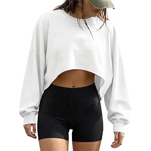 Fisoew Womens Casual Cropped Tops Long Sleeve Drop Shoulder Loose Fit Lightweight Crop Workout T Shirts