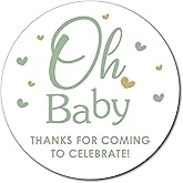 36 2.5 inch Oh Baby Thank You Stickers with Hearts for Shower Party Favors (Sage Green)