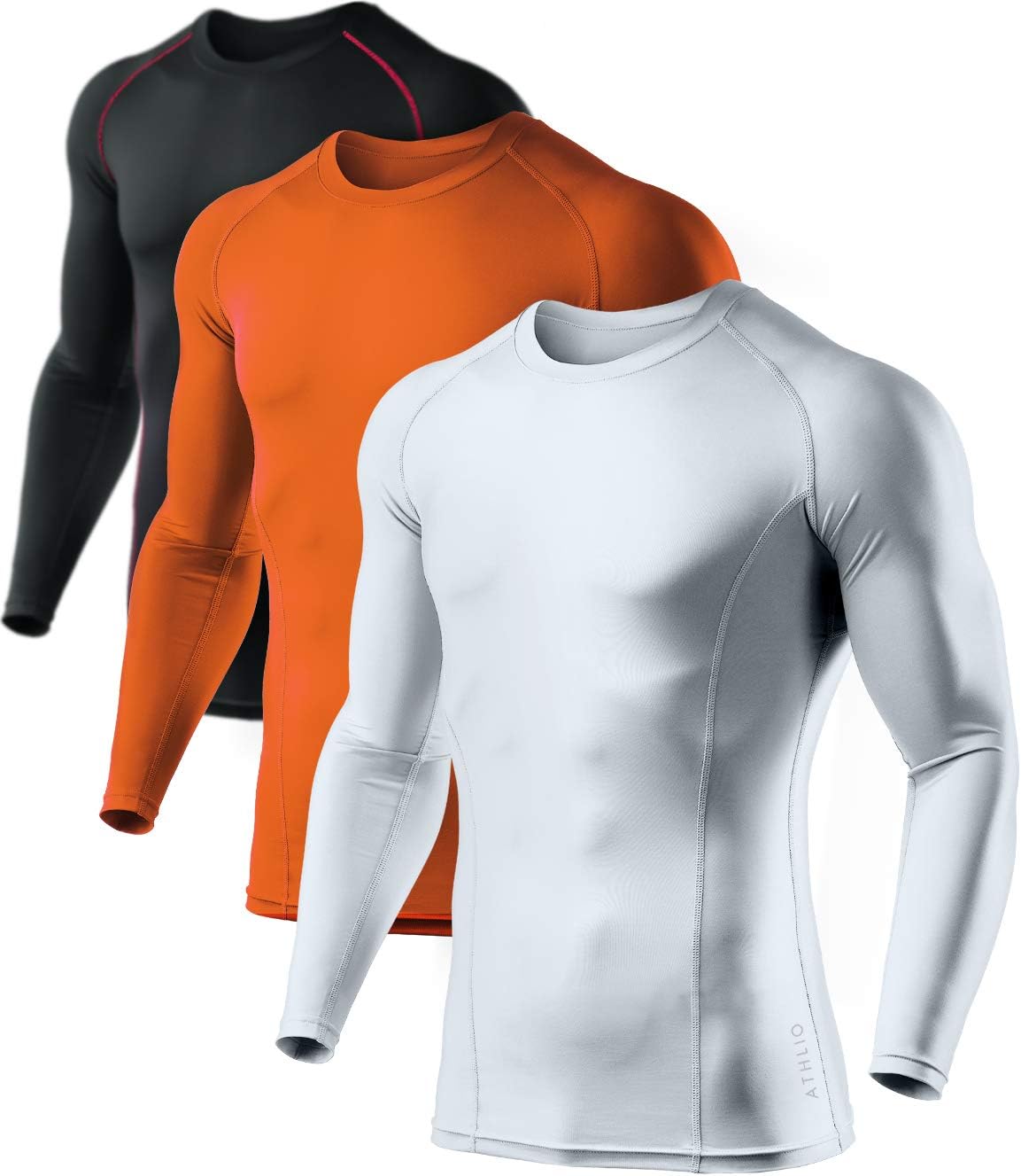 ATHLIO1 or 3 Pack Men's UPF 50+ Long Sleeve Compression Shirts, Water Sports Rash Guard Base Layer, Athletic Workout Shirt