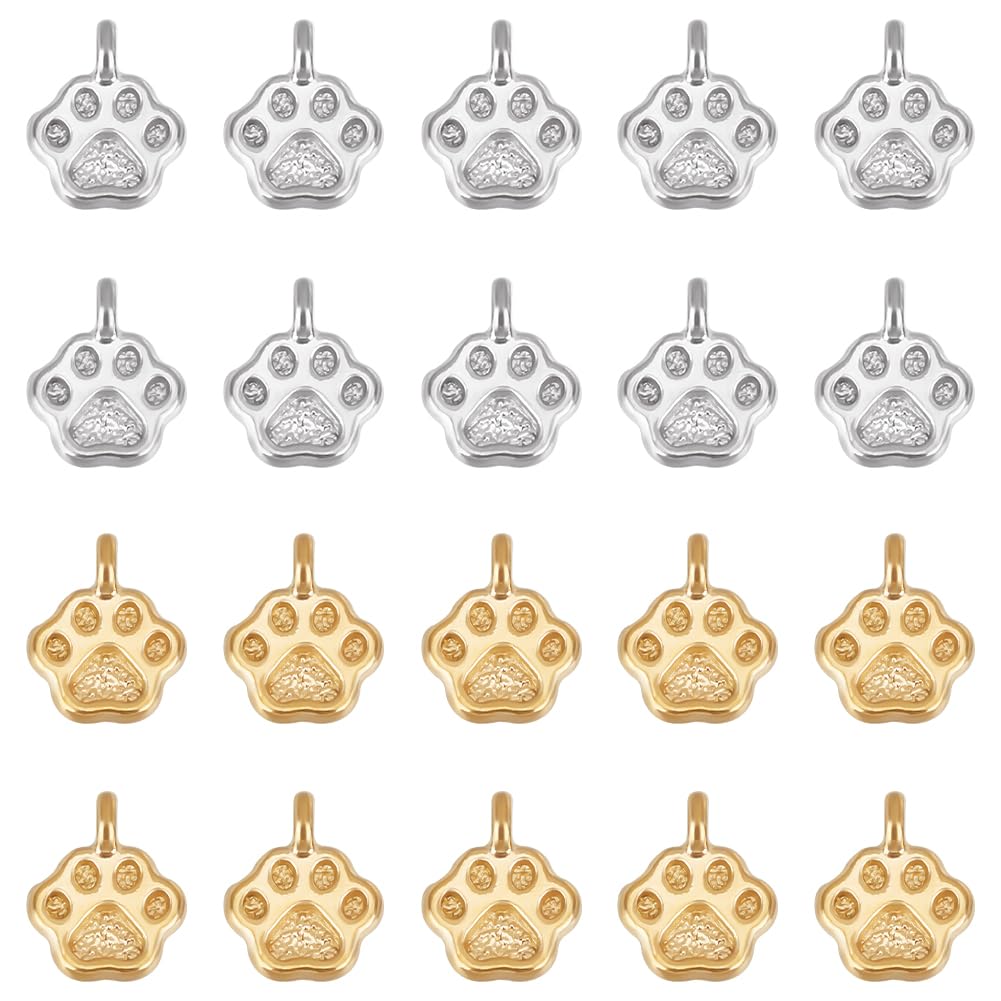 UNICRAFTALE 20Pcs 2 Colors 304 Stainless Steel Charms Animal Cat Dog Paw Chunk Charms Paw Print Charm Golden Animal Footprint Jewelry Finding Pendant for Jewelry Making