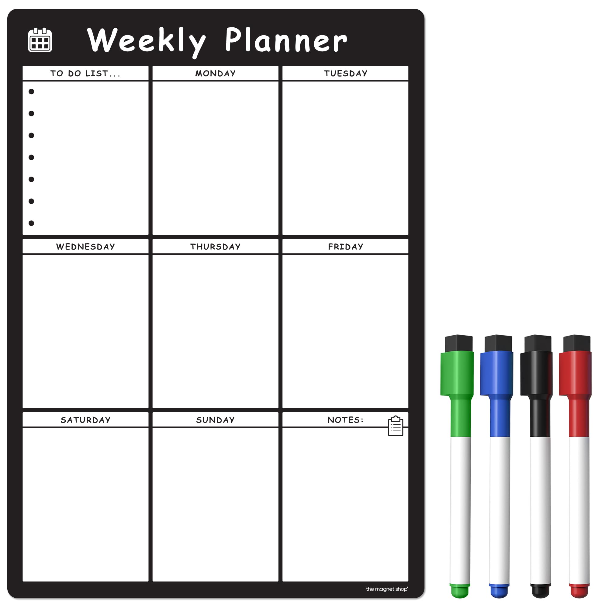 TMS Magnetic Weekly Planner and Organiser A3 | Dry Wipe Whiteboard for Managing Your Week, Tasks, to Do List, Shopping and Meals | Comes with 4 Magnetic Coloured Pens (Bold Black, A3)