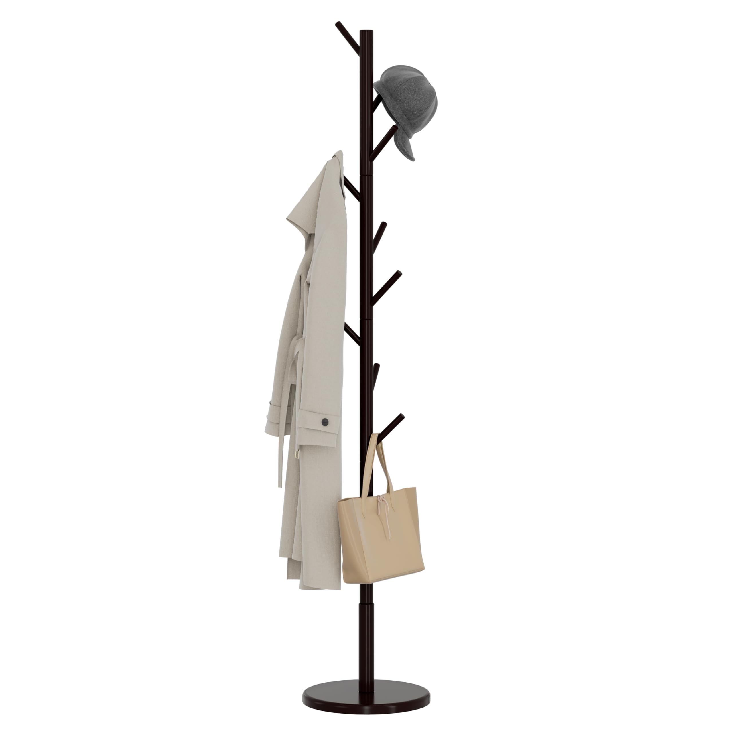 Photo 1 of Bamdibola Wooden Freestanding Coat Tree with 4 Height Options and 9 Hooks, Sturdy Coat Rack Stand for Clothes/Bags/Hats, Save Space Coat Rack for Entryway, Bedroom, Office, Narrow Place (Coffee)