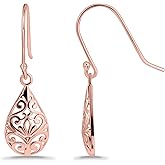 Sterling Silver Pear-Shape Filigree Polished Dangle Earrings