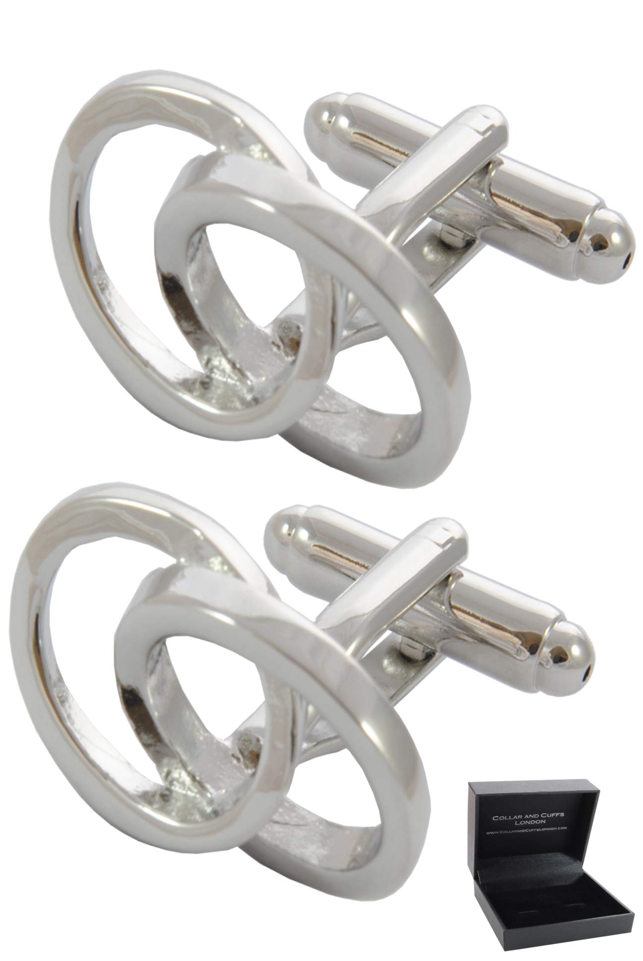Cufflinks for Men + Presentation Box - Silver Colour - Interlocking Ovals - Solid Brass Metal - Classic Infinity Design - Smooth Iconic Flow - One Pair