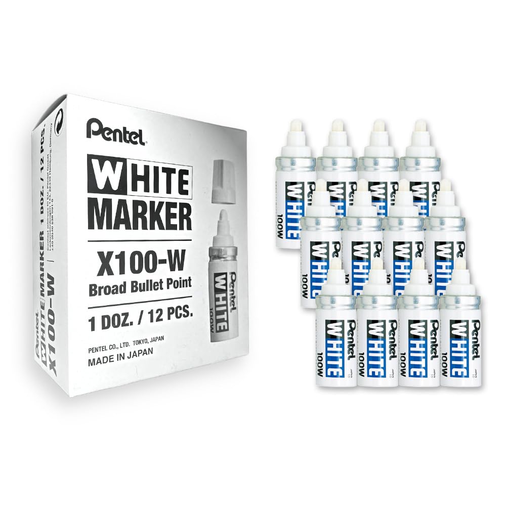 Pentel Permanent Marker Valve-controlled Bullet Tip Broad 6mm White Ref X100W [Pack of 12]