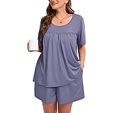 AusLook Women's Plus Size Pajama Sets Short Sleeve Top and Shorts Sleepwear Pj Set 2 Piece Lounge Set with Pockets