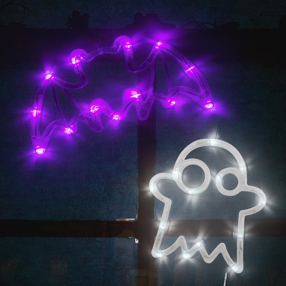 Global Gizmos 45939 Set of 2 Halloween Window Lights/Bat & Ghost Design/Efficient LED Strips/Purple & White Colours/Suction Cups Included for Hanging