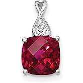 14k White Gold Cushion Cut Red Gemstone Pendant with White Diamond Accents, Twisted Bail Design Ruby Necklace for Women, Elegant Fine Jewelry, Formal Necklace, Romantic Red Gemstone Accessory