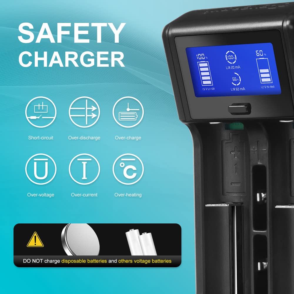 Universal Battery Charger Smart Charging All Types of Lithium Ion Batteries Flashlight Battery 18500 18350 16650 17500 10440 AA AAA C /1.5V/1.2V Coin Cell (Batteries Not Included)