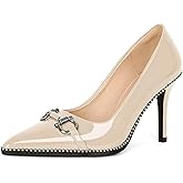 Soireelady Womens High Heel Beaded Pumps Closed Pointed Toe Stiletto Heels Buckle Bow Slip On Fashion Dress Shoes Patent 3.5 Inch