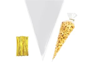 200 Pieces Plastic Triangle Bags with Twist Ties, BetterJonny Clear Cone Bag Cello Cellophane Transparent Party Treat Sweets 