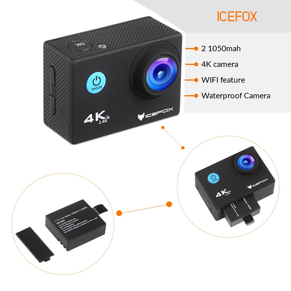 Action Cam 4k, icefox Unterwasser 30M Sport Action Kamera mit 2 wiederaufladbaren Akku, WIFI Fernbedienung, 2.0 Display, 1080P HD Aufnahme für Tauchen, Motorrad, Surfen, Bootfahren und Skifahren