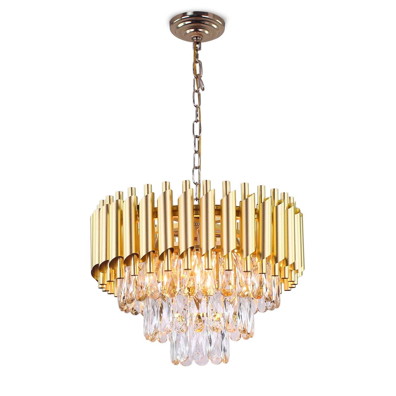 FRIXCHUR 15.7'' Glam Crystal Chandelier Lights Modern Gold Pendant Light 3-Tier Crystal Chandelier Light Fixture Raindrop Flush Mount Ceiling Light for Dining Table Kitchen Island E12x5 Lights