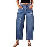 Metietila Womens Barrel Jeans Ripped Mid Rise Wide Leg Baggy Boyfriend Denim Pants