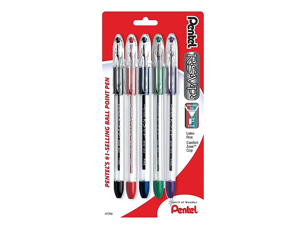 Pentel RSVP Ballpoint Pen, Fine Line, (0.7mm), Assorted Ink, Pack of 5 (BK90BP5M)